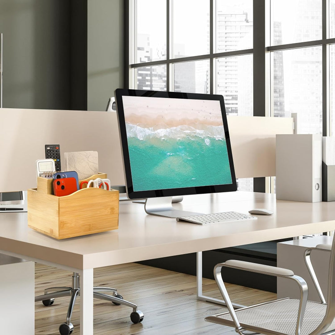 Cididu Bamboo Remote Control Holder, 360 Degree Rotating Remotes Caddy Organizer, 5 Slot Spinning Office Desktop Bedside Organizer Storage for Calculator, Cell Phone, Pen and Other Gadgets - Just Closeouts Canada Inc.