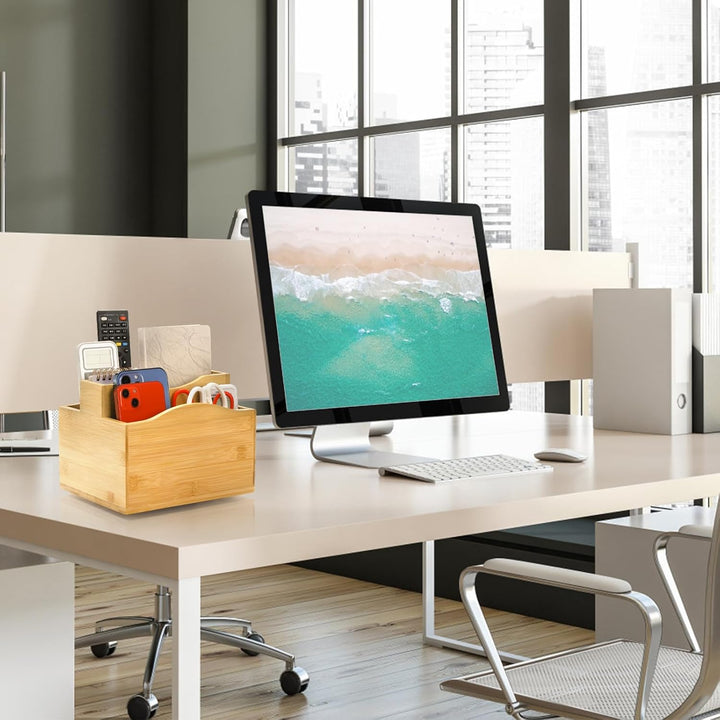 Cididu Bamboo Remote Control Holder, 360 Degree Rotating Remotes Caddy Organizer, 5 Slot Spinning Office Desktop Bedside Organizer Storage for Calculator, Cell Phone, Pen and Other Gadgets - Just Closeouts Canada Inc.