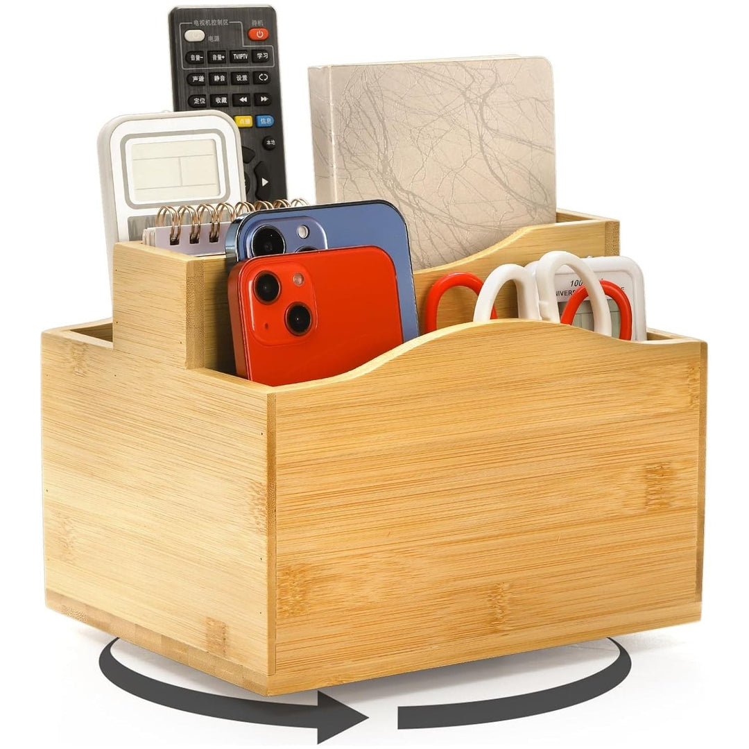 Cididu Bamboo Remote Control Holder, 360 Degree Rotating Remotes Caddy Organizer, 5 Slot Spinning Office Desktop Bedside Organizer Storage for Calculator, Cell Phone, Pen and Other Gadgets - Just Closeouts Canada Inc.