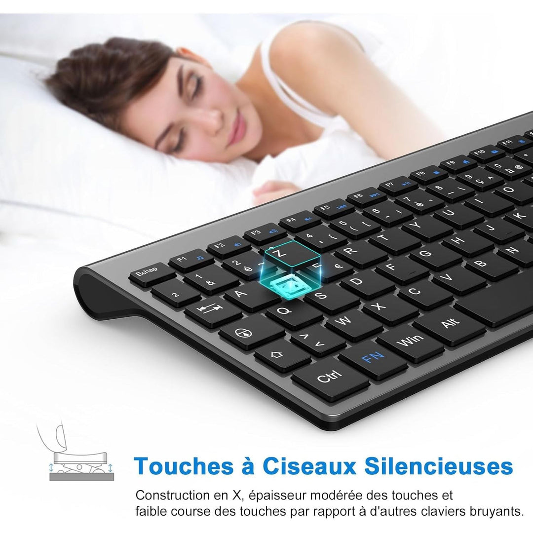 Clavier Sans Fil AZERTY Français, Compact Ultra - Mince, Touches Silencieuses, Touches Multimédia, Confort Ergonomique, Économe en Énergie, Compatible avec Windows MacOS, PC Laptop (Gris) - Just Closeouts Canada Inc.