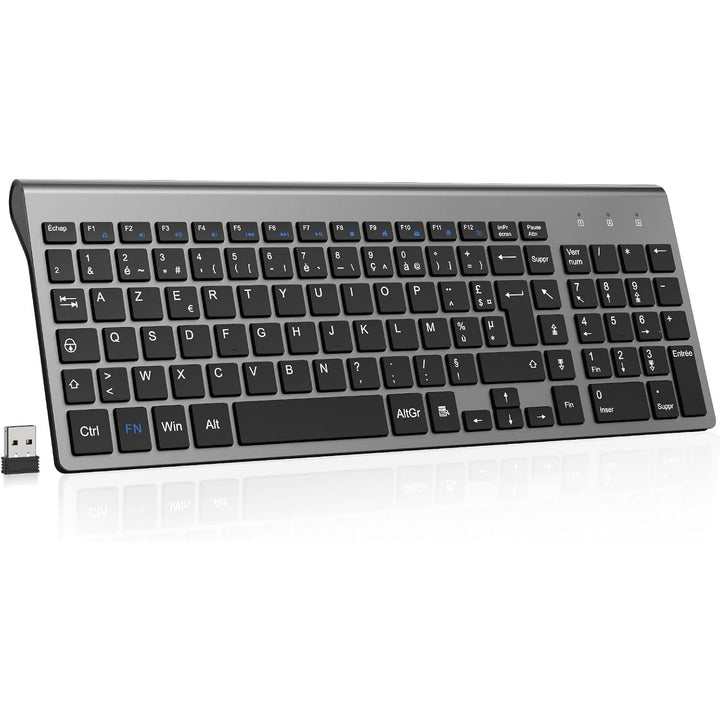 Clavier Sans Fil AZERTY Français, Compact Ultra - Mince, Touches Silencieuses, Touches Multimédia, Confort Ergonomique, Économe en Énergie, Compatible avec Windows MacOS, PC Laptop (Gris) - Just Closeouts Canada Inc.