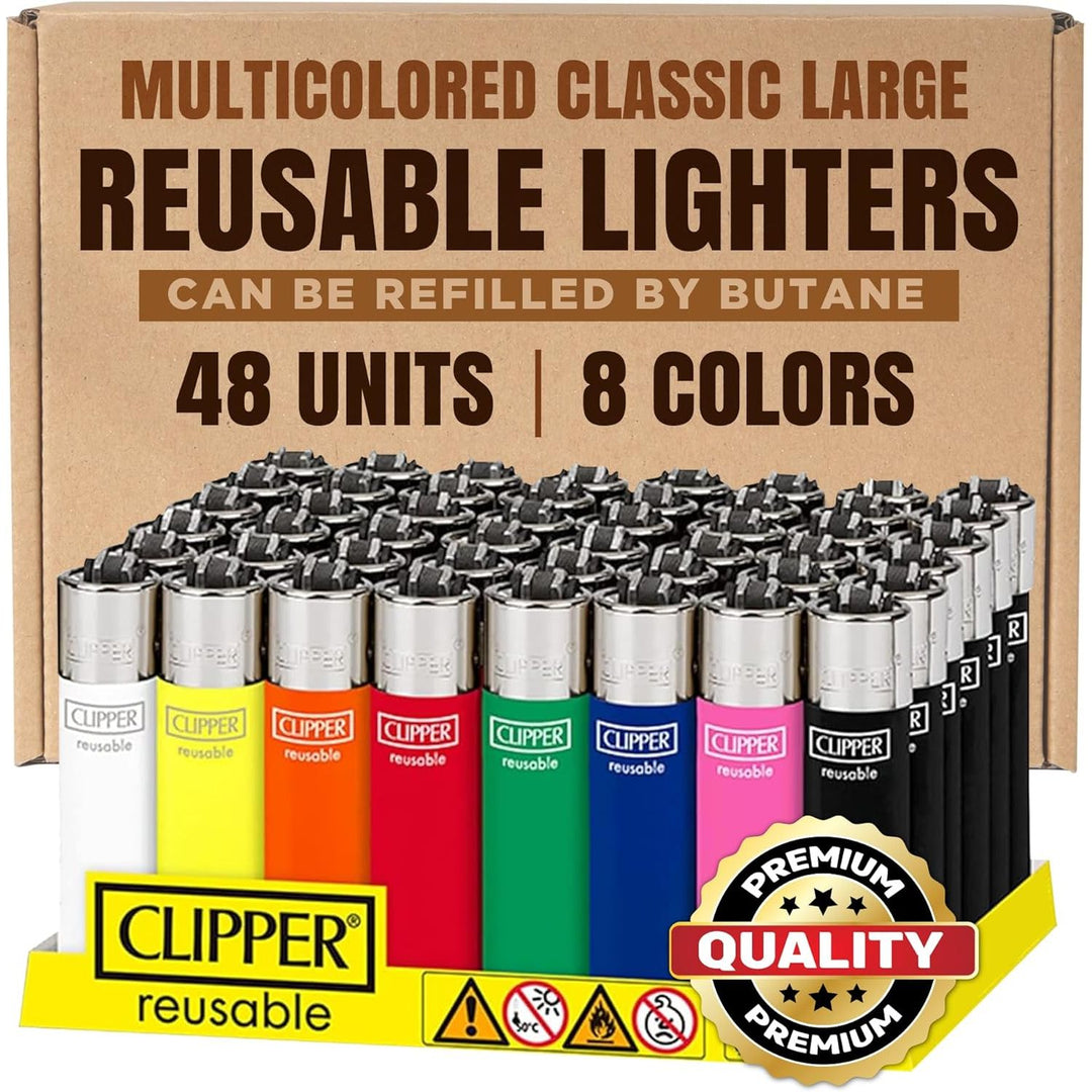 Clipper Classic Large Reusable Lighters - Premium Quality Refillable Lighter - Multi - Purpose Accessory for Camping, Travel and Everyday Use - Solid Assorted Colors Collection - 48PK, 8 Colors - Just Closeouts Canada Inc.