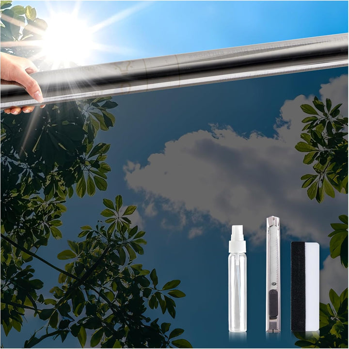Coavas One Way Window Films for Privacy with Tools, Sun Blocking Mirror Window Tint for Home, Daytime Reflective Removable UV Heat Control Window Coverings, 17.5 x 78.7 in, Silver Black - Just Closeouts Canada Inc.