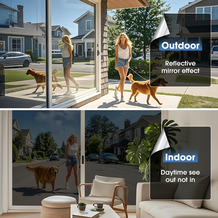 Coavas One Way Window Films for Privacy with Tools, Sun Blocking Mirror Window Tint for Home, Daytime Reflective Removable UV Heat Control Window Coverings, 23.6 x 157.5in, Silver Black - Just Closeouts Canada Inc.