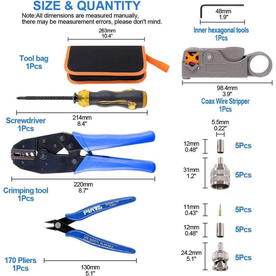 Coaxial Cable Tool Set, Coax RF Connector Crimping Tool + Coaxial Cable Stripper + BNC/UHF Crimp Male Connectors + Wire Cutter + Screw Driver for RG58, RG59, RG62, RG174 (Blue Coloured Casing) - Just Closeouts Canada Inc.X001YBR6R5