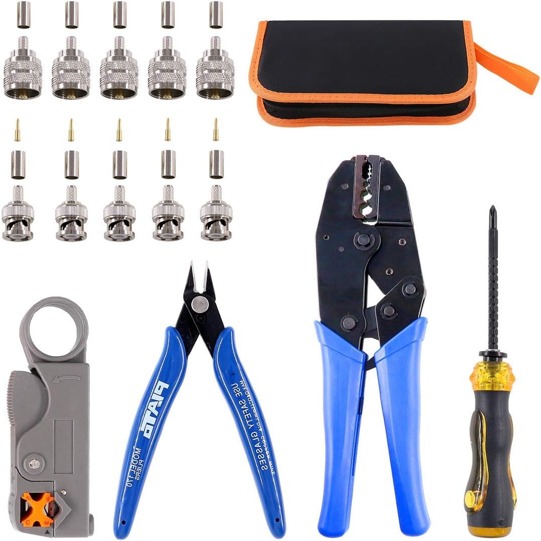 Coaxial Cable Tool Set, Coax RF Connector Crimping Tool + Coaxial Cable Stripper + BNC/UHF Crimp Male Connectors + Wire Cutter + Screw Driver for RG58, RG59, RG62, RG174 (Blue Coloured Casing) - Just Closeouts Canada Inc.X001YBR6R5