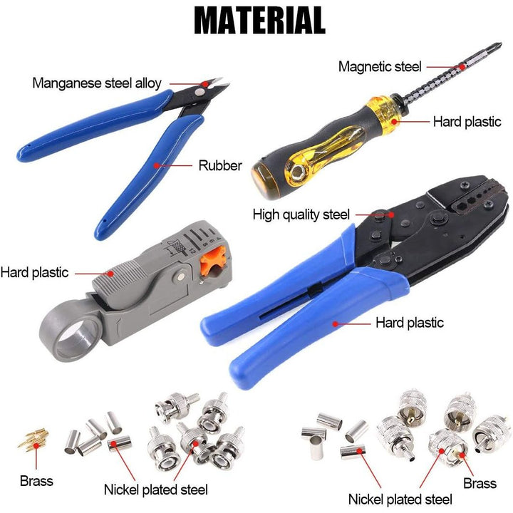 Coaxial Cable Tool Set, Coax RF Connector Crimping Tool + Coaxial Cable Stripper + BNC/UHF Crimp Male Connectors + Wire Cutter + Screw Driver for RG58, RG59, RG62, RG174 (Blue Coloured Casing) - Just Closeouts Canada Inc.X001YBR6R5