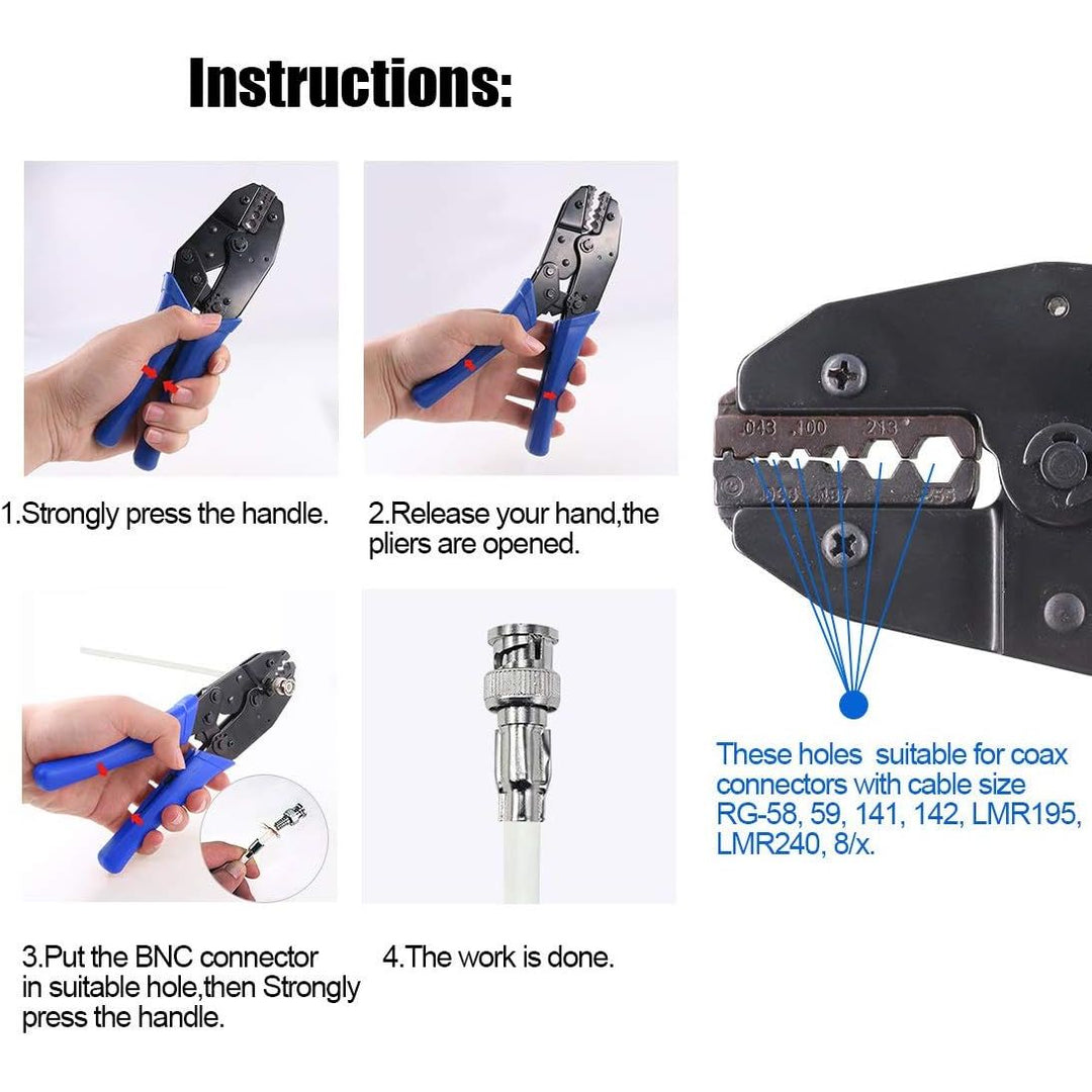 Coaxial Cable Tool Set, Coax RF Connector Crimping Tool + Coaxial Cable Stripper + BNC/UHF Crimp Male Connectors + Wire Cutter + Screw Driver for RG58, RG59, RG62, RG174 (Blue Coloured Casing) - Just Closeouts Canada Inc.X001YBR6R5