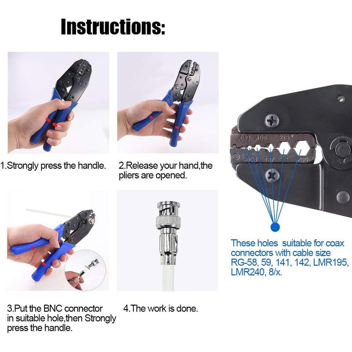 Coaxial Cable Tool Set, Coax RF Connector Crimping Tool + Coaxial Cable Stripper + BNC/UHF Crimp Male Connectors + Wire Cutter + Screw Driver for RG58, RG59, RG62, RG174 (Blue Coloured Casing) - Just Closeouts Canada Inc.X001YBR6R5