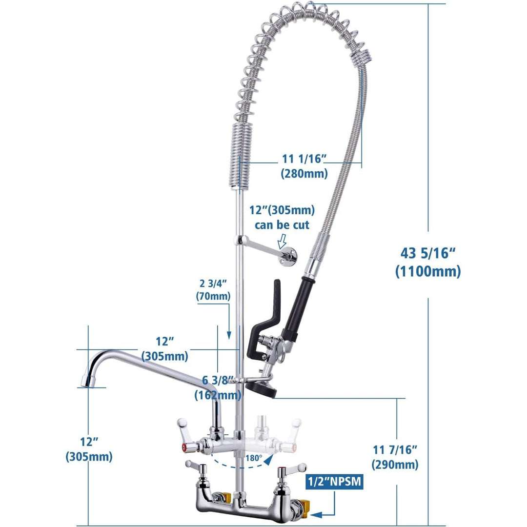 Commercial Faucet Wall Mount 8" Center Commecial Sink Faucet with Sprayer 43" Height Pre - Rinse Faucet High Pressure Restaurant Kitchen Faucet with 12 Inch Add On Swivel Spout Chrome - Just Closeouts Canada Inc.X0037ZBI07