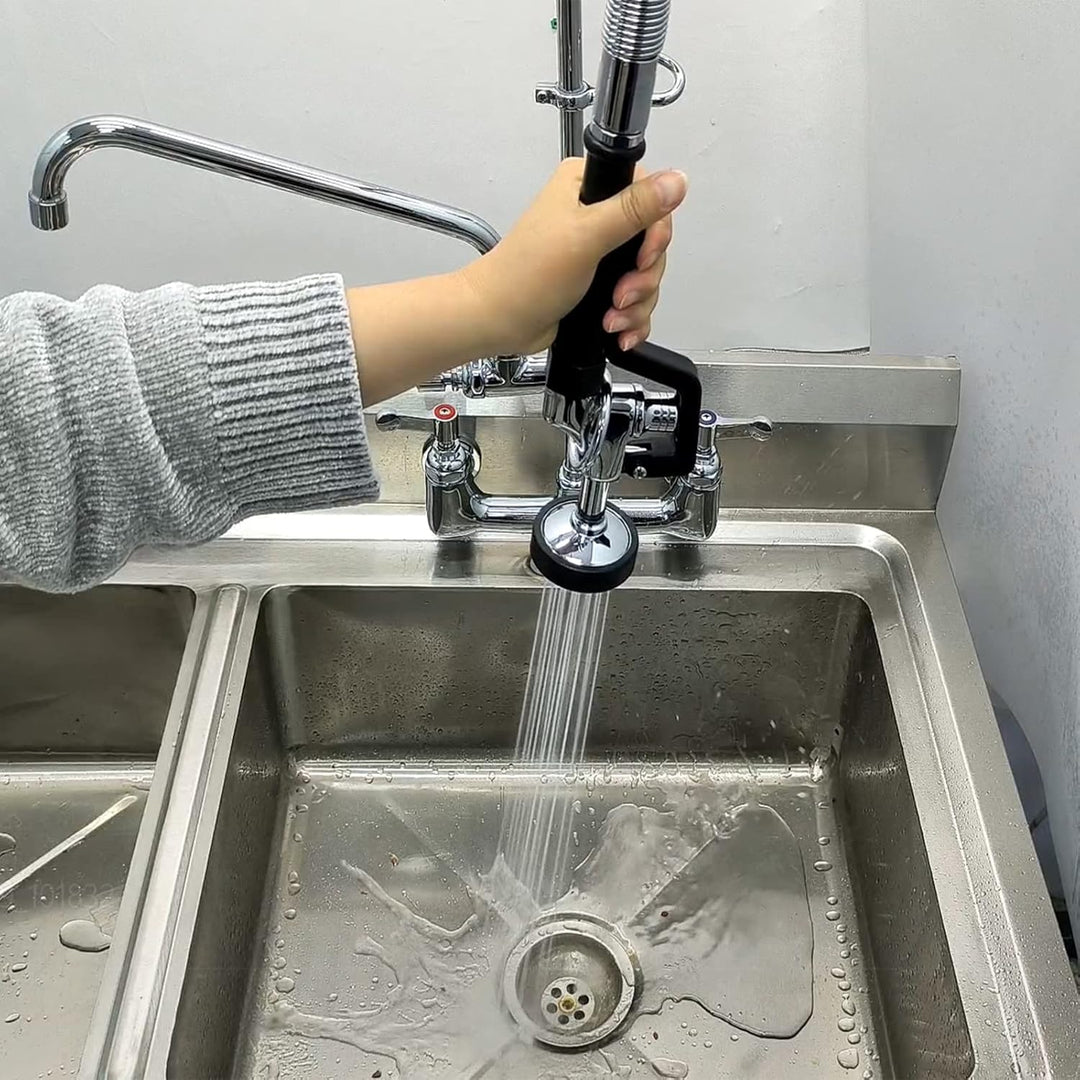 Commercial Faucet Wall Mount 8" Center Commecial Sink Faucet with Sprayer 43" Height Pre - Rinse Faucet High Pressure Restaurant Kitchen Faucet with 12 Inch Add On Swivel Spout Chrome - Just Closeouts Canada Inc.X0037ZBI07