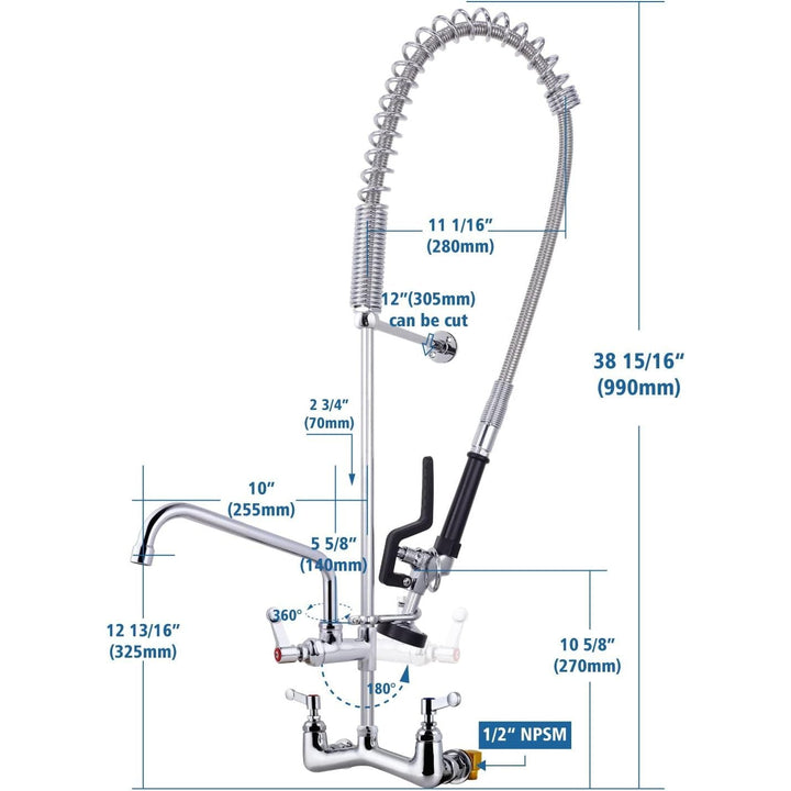 Commercial Faucet with Spray Valve 38" Wall Mount Commercial Kitchen Sink Faucet with Sprayer Pre Rinse Faucet with 10" Swing Spout Fit for Restaurant or Hotel Kitchen Sink - Just Closeouts Canada Inc.X003CLKCHL