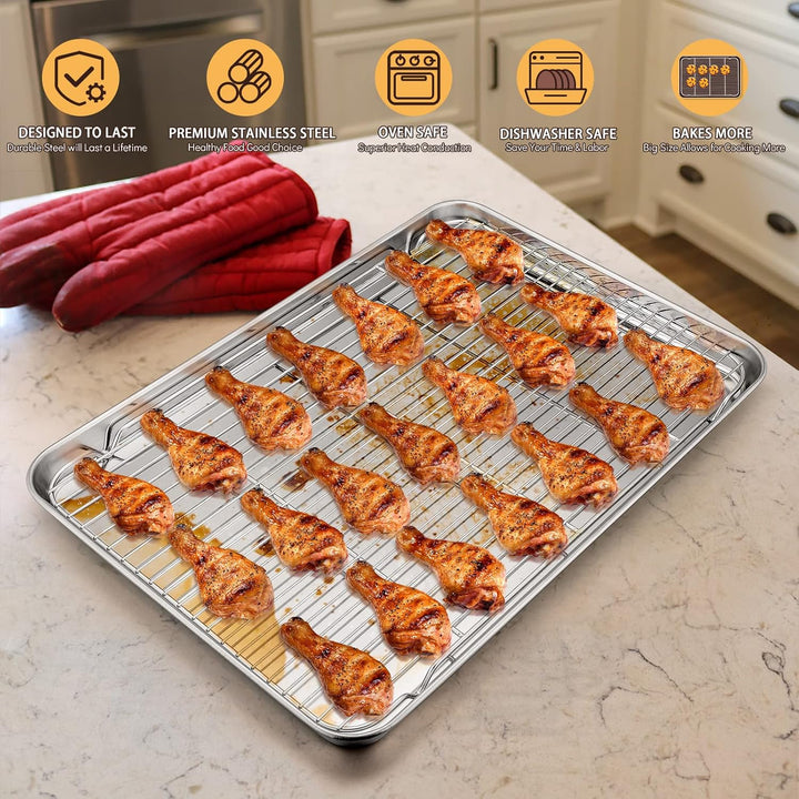 Cookie Sheet with Rack Set, Half Sheet Baking Pan for Oven Cooking, 18”x13” Stainless Steel Rimmed Tray with Wire Cooling Rack for Roasting Broiling Bacon Meat Steak - Dishwasher Safe - Just Closeouts Canada Inc.