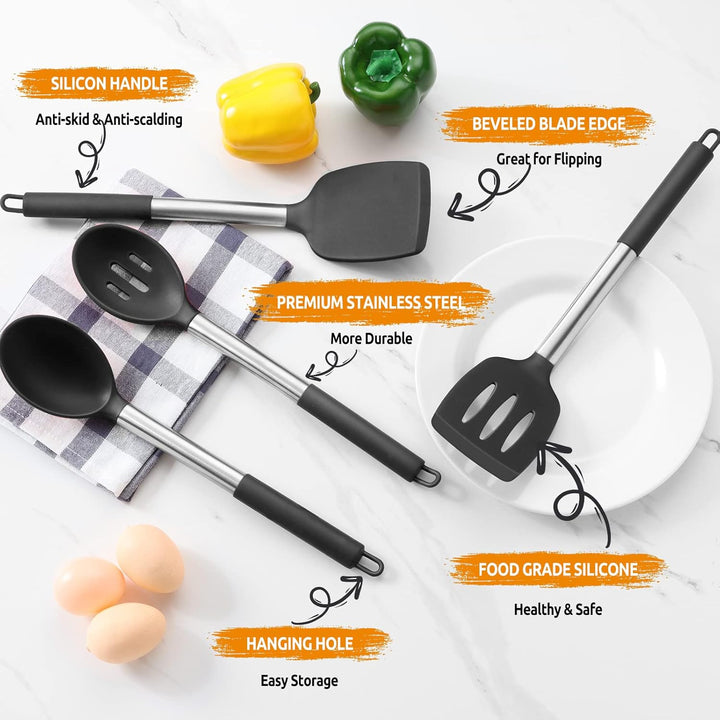 Cooking Utensils Set of 4, Silicone Kitchen Utensils for Non - stick Cookware, Heat Resistant & Non - toxic Slotted Spatula Solid Spoon Turner for Flipping Mixing Serving Basting(Black) - Just Closeouts Canada Inc.
