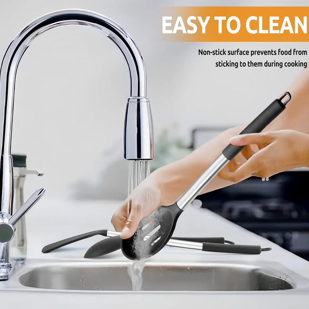 Cooking Utensils Set of 4, Silicone Kitchen Utensils for Non - stick Cookware, Heat Resistant & Non - toxic Slotted Spatula Solid Spoon Turner for Flipping Mixing Serving Basting(Black) - Just Closeouts Canada Inc.