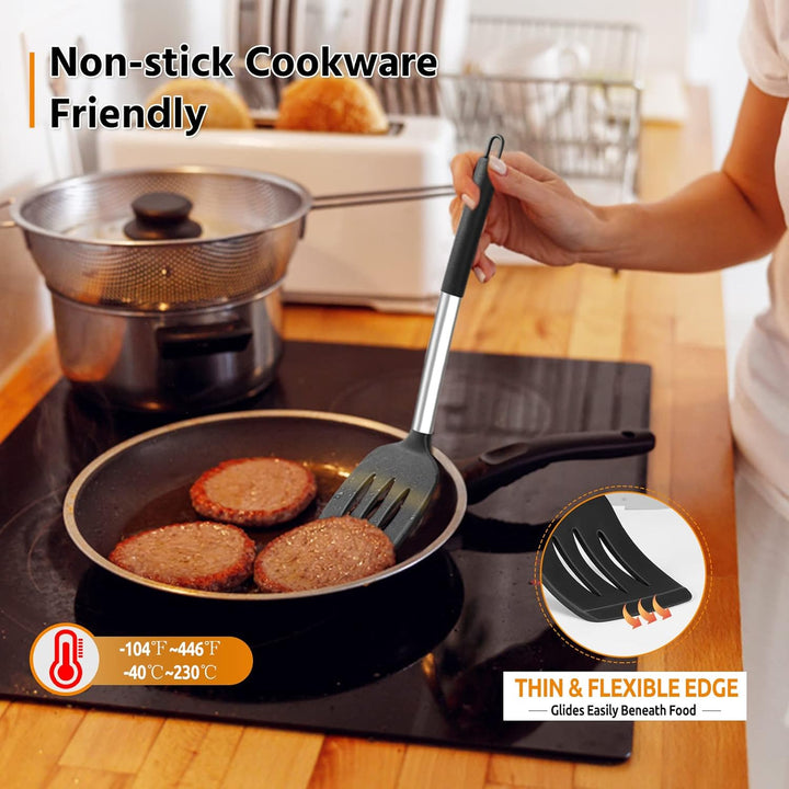 Cooking Utensils Set of 4, Silicone Kitchen Utensils for Non - stick Cookware, Heat Resistant & Non - toxic Slotted Spatula Solid Spoon Turner for Flipping Mixing Serving Basting(Black) - Just Closeouts Canada Inc.
