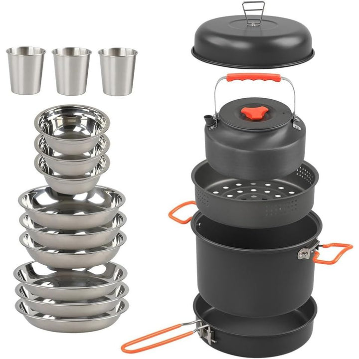 Cookware Mess Kit for Camping Aluminum Alloy Pot Pan Steaming Tray Bowl Cup and Water Kettle with Pot Cover for 3 Person - Just Closeouts Canada Inc.