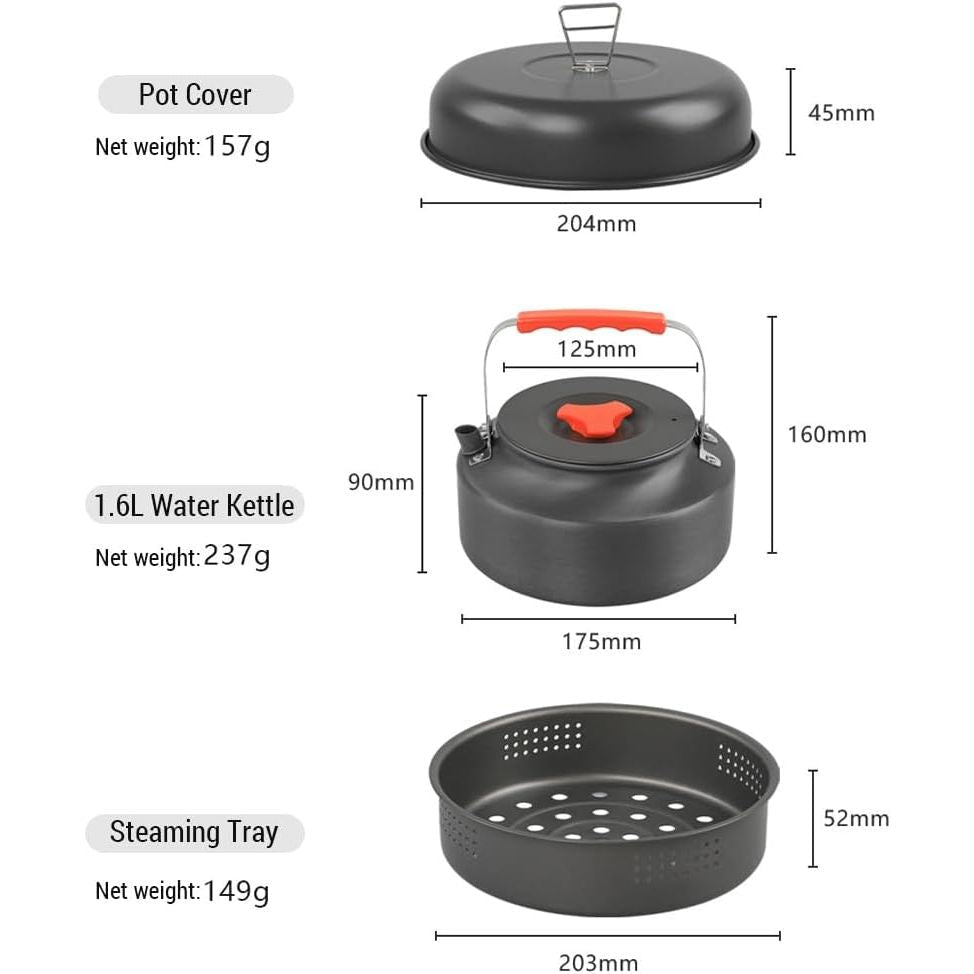 Cookware Mess Kit for Camping Aluminum Alloy Pot Pan Steaming Tray Bowl Cup and Water Kettle with Pot Cover for 3 Person - Just Closeouts Canada Inc.