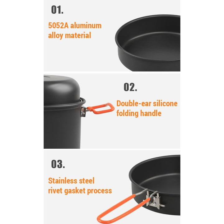 Cookware Mess Kit for Camping Aluminum Alloy Pot Pan Steaming Tray Bowl Cup and Water Kettle with Pot Cover for 3 Person - Just Closeouts Canada Inc.