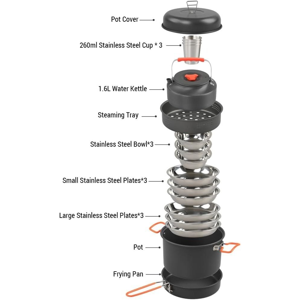Cookware Mess Kit for Camping Aluminum Alloy Pot Pan Steaming Tray Bowl Cup and Water Kettle with Pot Cover for 3 Person - Just Closeouts Canada Inc.