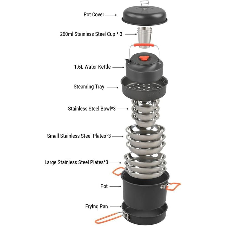 Cookware Mess Kit for Camping Aluminum Alloy Pot Pan Steaming Tray Bowl Cup and Water Kettle with Pot Cover for 3 Person - Just Closeouts Canada Inc.