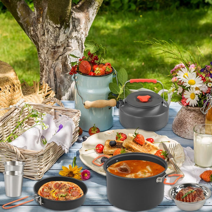 Cookware Mess Kit for Camping Aluminum Alloy Pot Pan Steaming Tray Bowl Cup and Water Kettle with Pot Cover for 3 Person - Just Closeouts Canada Inc.