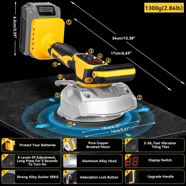 Cordless Tile Vibration Tool Compatible with DeWALT 20V Battery: Portable Tiler Vibration Leveling Machine with 8 Adjustable Speed,Suction Cup,Digital Display for Floor,Tile,Wall - Just Closeouts Canada Inc.X004YRZM4P