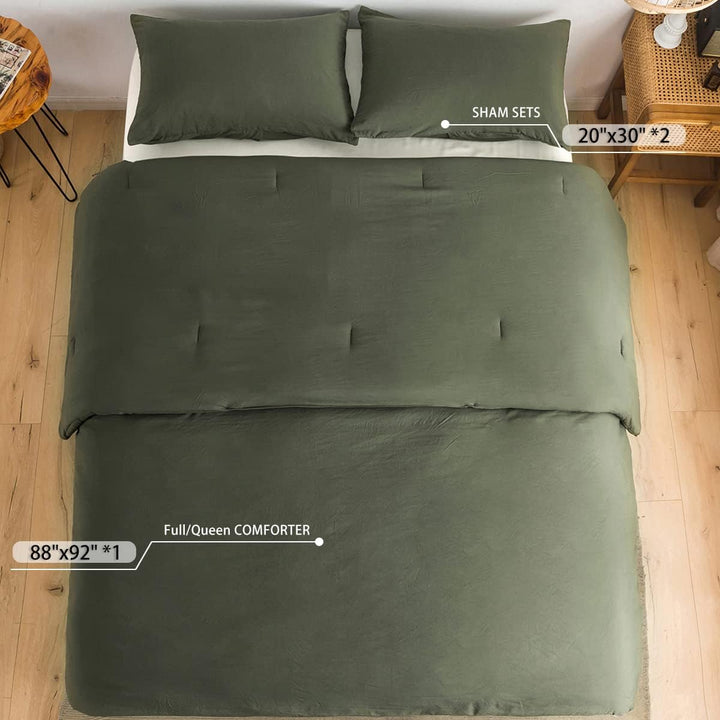 COTTEBED Ultra - Soft Queen Washed Bedding Comforter Sets Bed, All Seasons Use Light Weight with Warm Fluffy Washable Cotton Microfiber Fabric,1 Bed Comforter & 2 Pillow Sham(Queen/Full,Dark Olive Green - Just Closeouts Canada Inc.