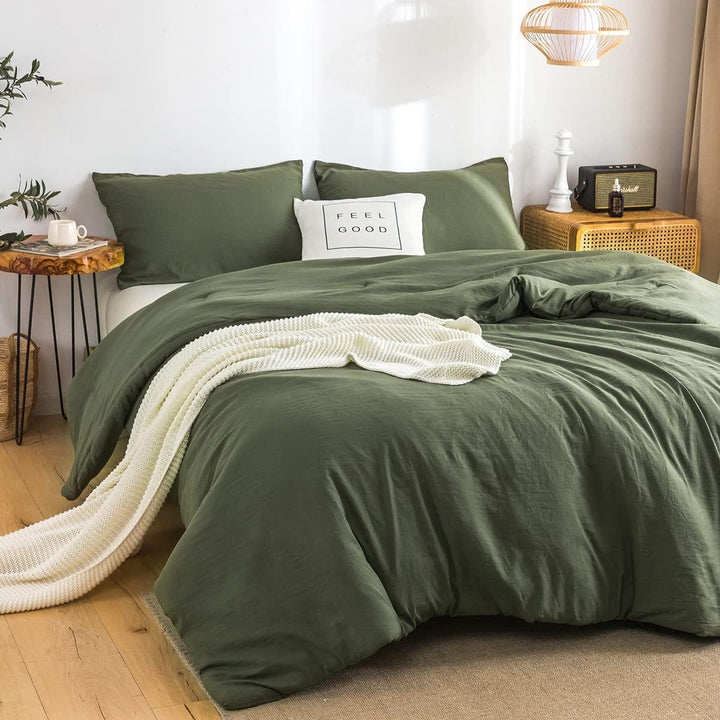 COTTEBED Ultra - Soft Queen Washed Bedding Comforter Sets Bed, All Seasons Use Light Weight with Warm Fluffy Washable Cotton Microfiber Fabric,1 Bed Comforter & 2 Pillow Sham(Queen/Full,Dark Olive Green - Just Closeouts Canada Inc.