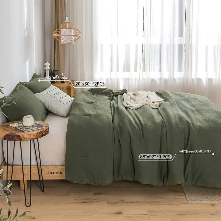 COTTEBED Ultra - Soft Queen Washed Bedding Comforter Sets Bed, All Seasons Use Light Weight with Warm Fluffy Washable Cotton Microfiber Fabric,1 Bed Comforter & 2 Pillow Sham(Queen/Full,Dark Olive Green - Just Closeouts Canada Inc.