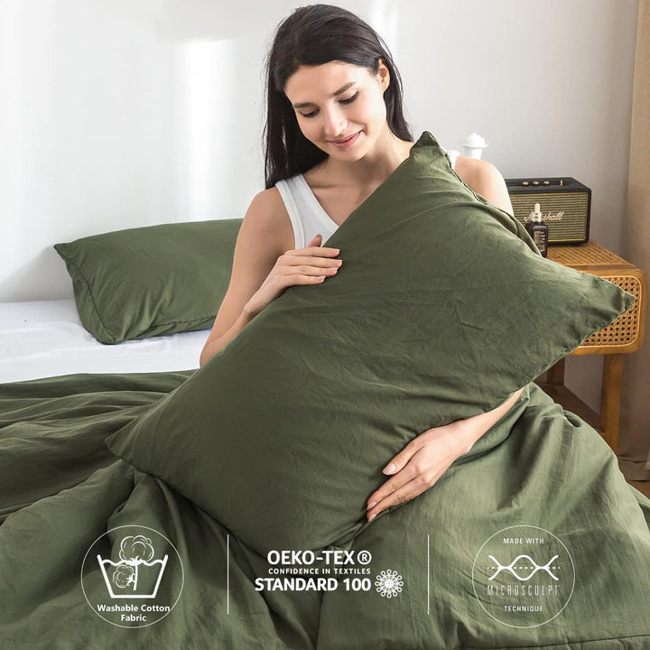 COTTEBED Ultra - Soft Queen Washed Bedding Comforter Sets Bed, All Seasons Use Light Weight with Warm Fluffy Washable Cotton Microfiber Fabric,1 Bed Comforter & 2 Pillow Sham(Queen/Full,Dark Olive Green - Just Closeouts Canada Inc.