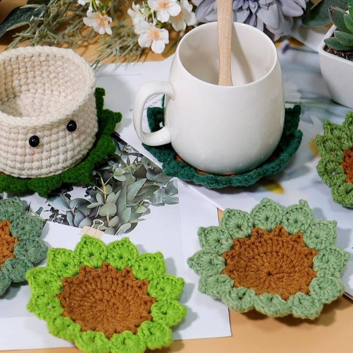 Crochet Kit for Beginners, 6PCS Crochet Coasters Kit, Flower Potted Plant Crochet Kit with Crochet Hook, Colorful Yarn, Stitch Marker, Instruction, Craft Lover DIY Material Tools(Green) - Just Closeouts Canada Inc.