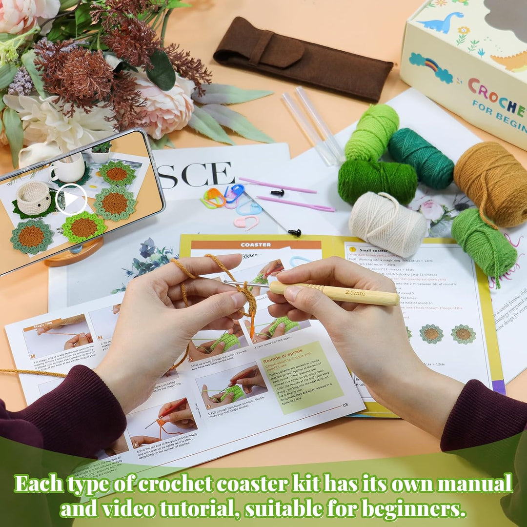 Crochet Kit for Beginners, 6PCS Crochet Coasters Kit, Flower Potted Plant Crochet Kit with Crochet Hook, Colorful Yarn, Stitch Marker, Instruction, Craft Lover DIY Material Tools(Green) - Just Closeouts Canada Inc.