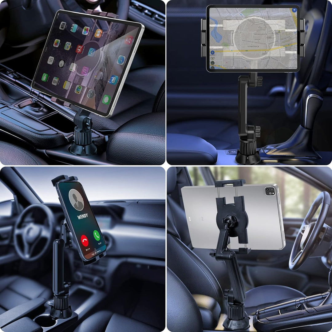 Cup Holder Car Tablet Mount for Truck, 360° Adjustable 15" Long 2 - Arm Stand Holder for iPad Pro 12.9/11/10.5/9.7/Air/Mini 6/5/4, Samsung Galaxy Tab/Z Fold 6/5/4, iPhone 16/15/Pro, 4.7 - 12.9" Tab &Phone - Just Closeouts Canada Inc.