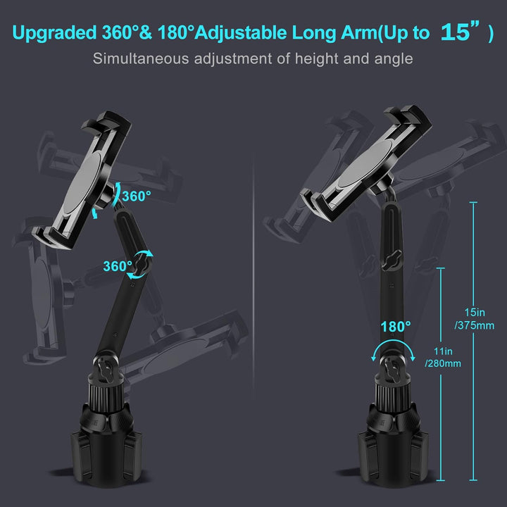 Cup Holder Car Tablet Mount for Truck, 360° Adjustable 15" Long 2 - Arm Stand Holder for iPad Pro 12.9/11/10.5/9.7/Air/Mini 6/5/4, Samsung Galaxy Tab/Z Fold 6/5/4, iPhone 16/15/Pro, 4.7 - 12.9" Tab &Phone - Just Closeouts Canada Inc.