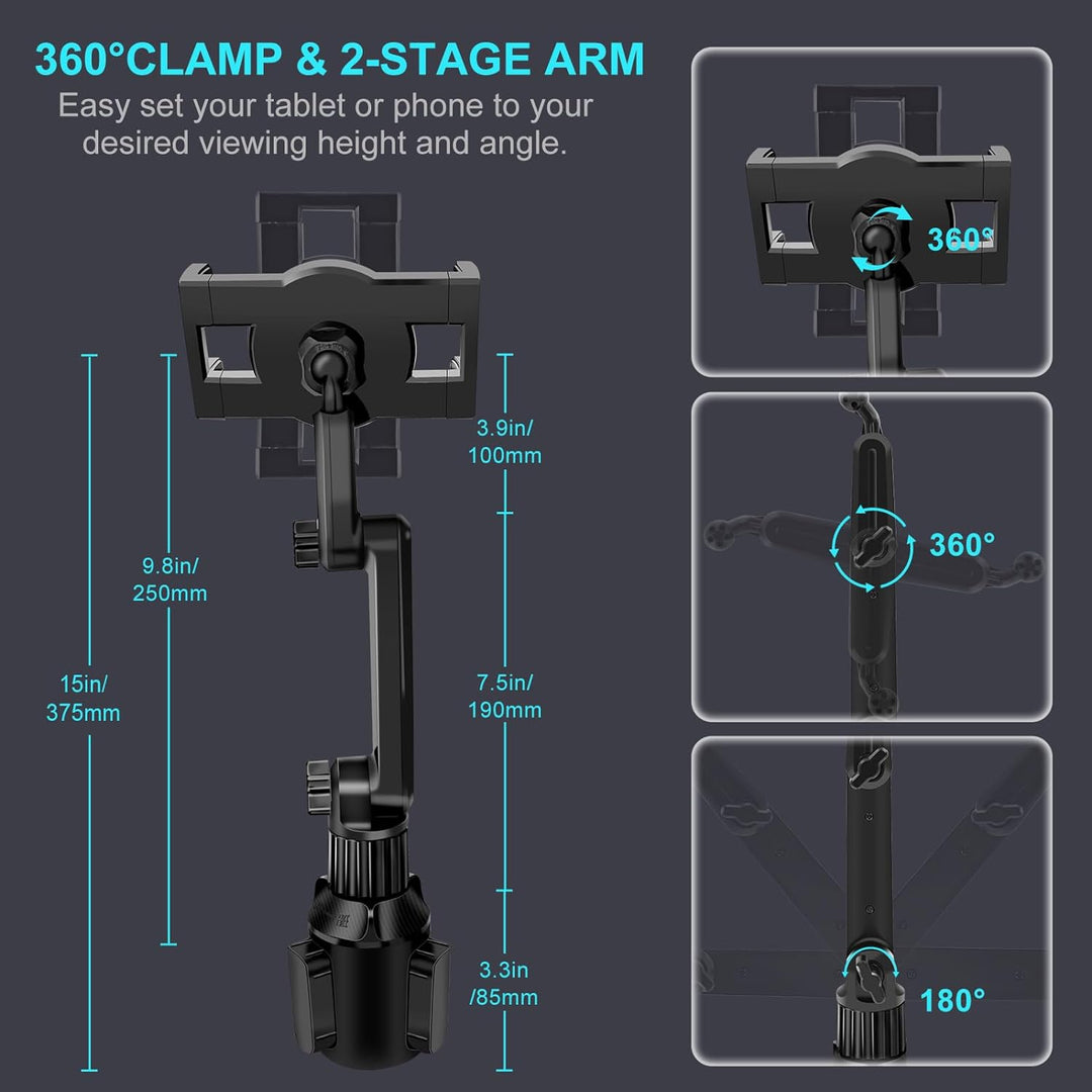 Cup Holder Car Tablet Mount for Truck, 360° Adjustable 15" Long 2 - Arm Stand Holder for iPad Pro 12.9/11/10.5/9.7/Air/Mini 6/5/4, Samsung Galaxy Tab/Z Fold 6/5/4, iPhone 16/15/Pro, 4.7 - 12.9" Tab &Phone - Just Closeouts Canada Inc.
