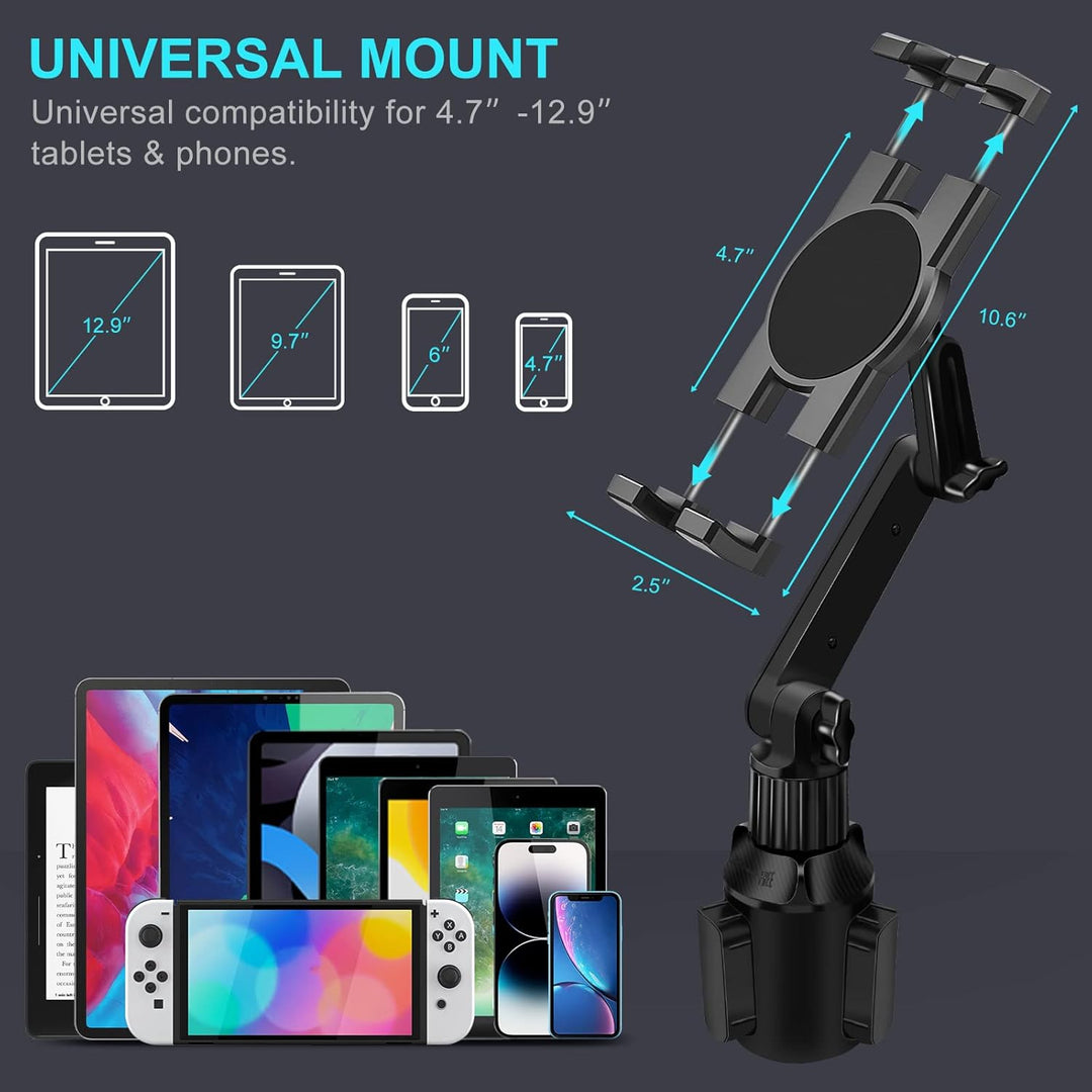 Cup Holder Car Tablet Mount for Truck, 360° Adjustable 15" Long 2 - Arm Stand Holder for iPad Pro 12.9/11/10.5/9.7/Air/Mini 6/5/4, Samsung Galaxy Tab/Z Fold 6/5/4, iPhone 16/15/Pro, 4.7 - 12.9" Tab &Phone - Just Closeouts Canada Inc.