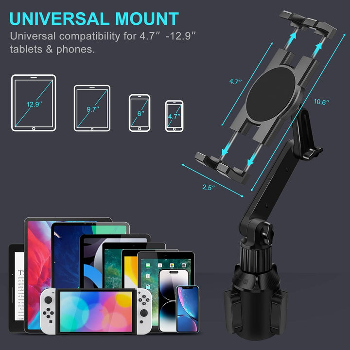 Cup Holder Car Tablet Mount for Truck, 360° Adjustable 15" Long 2 - Arm Stand Holder for iPad Pro 12.9/11/10.5/9.7/Air/Mini 6/5/4, Samsung Galaxy Tab/Z Fold 6/5/4, iPhone 16/15/Pro, 4.7 - 12.9" Tab &Phone - Just Closeouts Canada Inc.