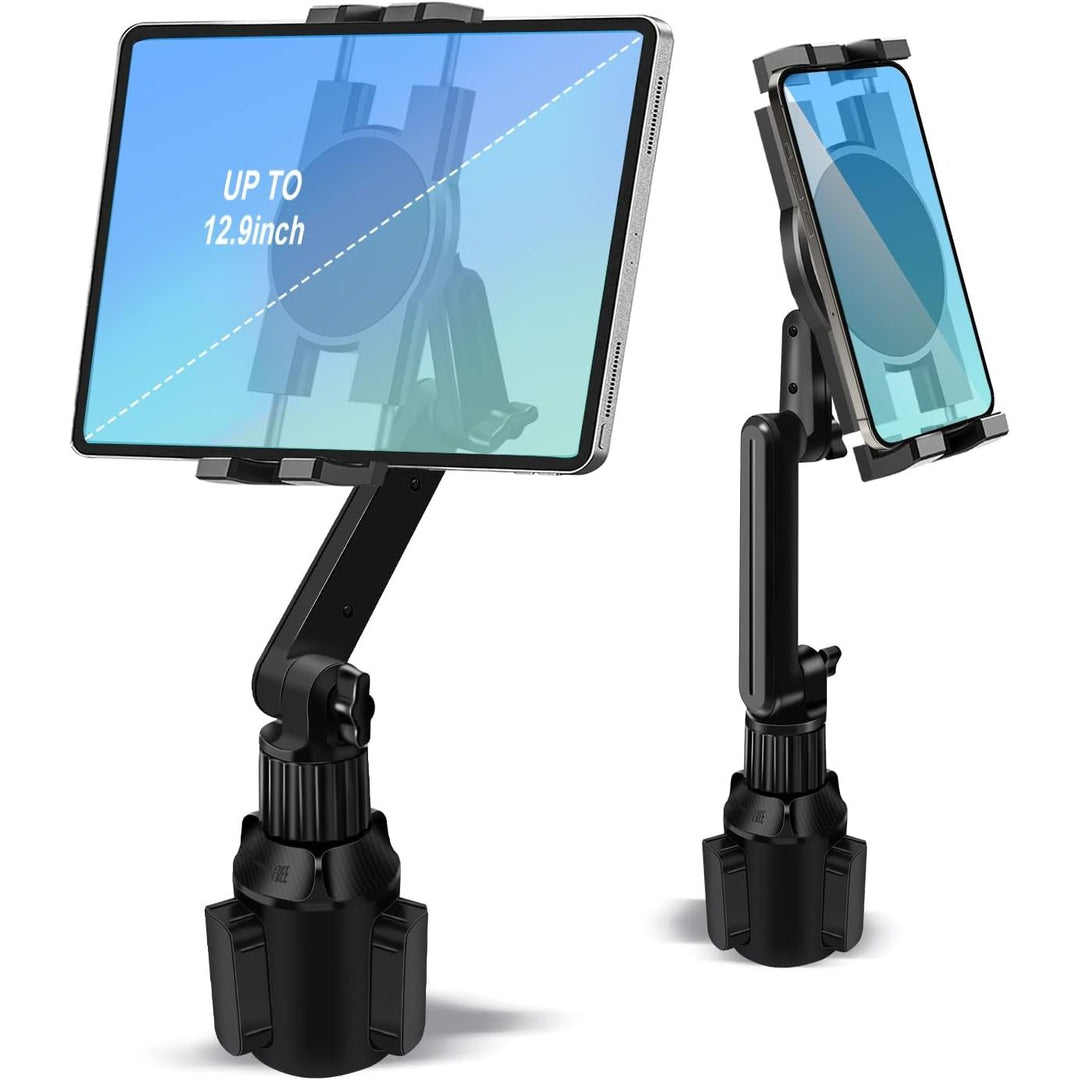 Cup Holder Car Tablet Mount for Truck, 360° Adjustable 15" Long 2 - Arm Stand Holder for iPad Pro 12.9/11/10.5/9.7/Air/Mini 6/5/4, Samsung Galaxy Tab/Z Fold 6/5/4, iPhone 16/15/Pro, 4.7 - 12.9" Tab &Phone - Just Closeouts Canada Inc.
