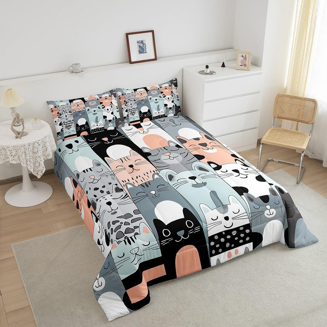 Cute Cat Comforter Set Full Size Kids Cats Print Bedding Set for Boys Girls Teens Cute Kitten Comforter Breathable Cartoon Animal Duvet Set Cat Lover's Gift Quilt Set - Just Closeouts Canada Inc.X004M56JCD