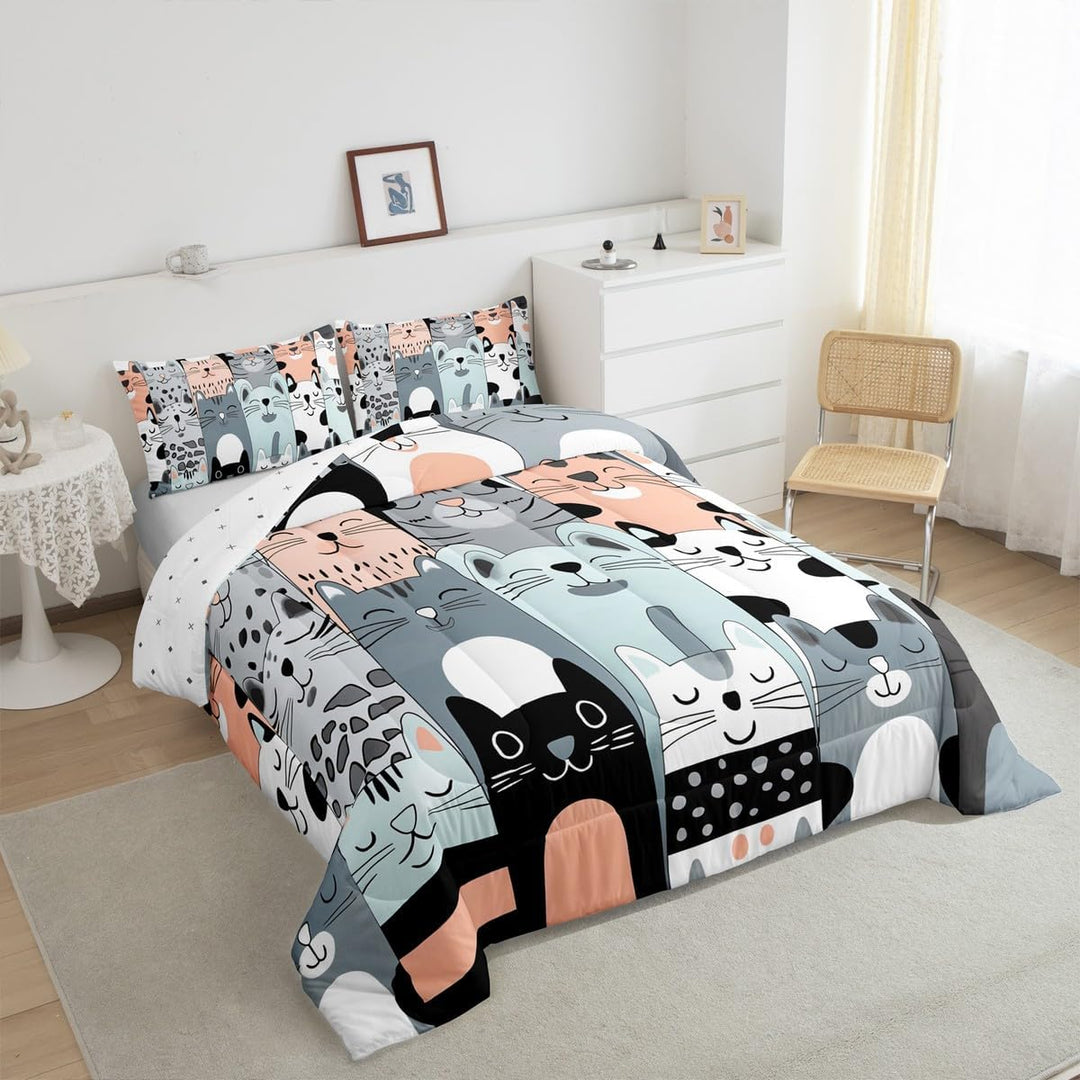 Cute Cat Comforter Set Full Size Kids Cats Print Bedding Set for Boys Girls Teens Cute Kitten Comforter Breathable Cartoon Animal Duvet Set Cat Lover's Gift Quilt Set - Just Closeouts Canada Inc.X004M56JCD