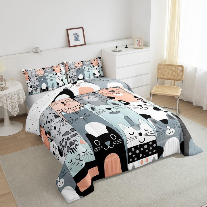 Cute Cat Comforter Set Full Size Kids Cats Print Bedding Set for Boys Girls Teens Cute Kitten Comforter Breathable Cartoon Animal Duvet Set Cat Lover's Gift Quilt Set - Just Closeouts Canada Inc.X004M56JCD