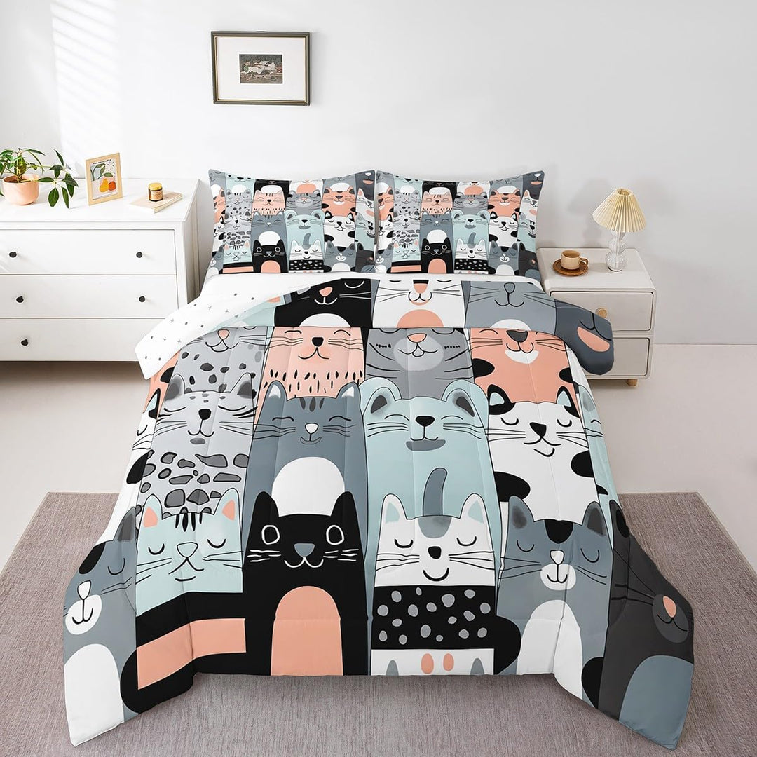 Cute Cat Comforter Set Full Size Kids Cats Print Bedding Set for Boys Girls Teens Cute Kitten Comforter Breathable Cartoon Animal Duvet Set Cat Lover's Gift Quilt Set - Just Closeouts Canada Inc.X004M56JCD