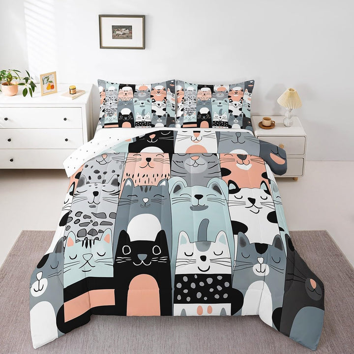 Cute Cat Comforter Set Full Size Kids Cats Print Bedding Set for Boys Girls Teens Cute Kitten Comforter Breathable Cartoon Animal Duvet Set Cat Lover's Gift Quilt Set - Just Closeouts Canada Inc.X004M56JCD
