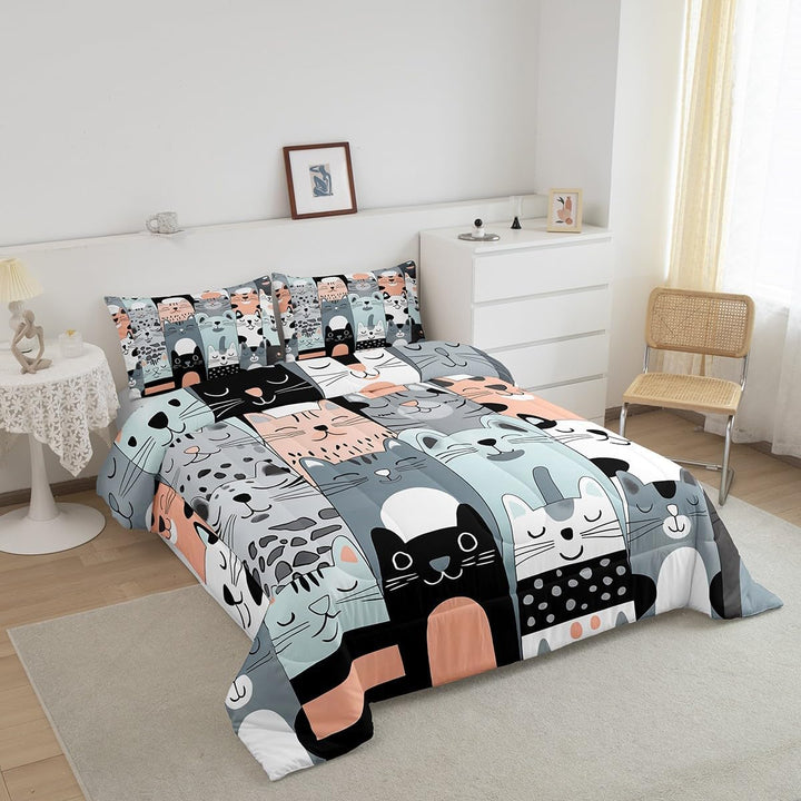 Cute Cat Comforter Set Full Size Kids Cats Print Bedding Set for Boys Girls Teens Cute Kitten Comforter Breathable Cartoon Animal Duvet Set Cat Lover's Gift Quilt Set - Just Closeouts Canada Inc.X004M56JCD