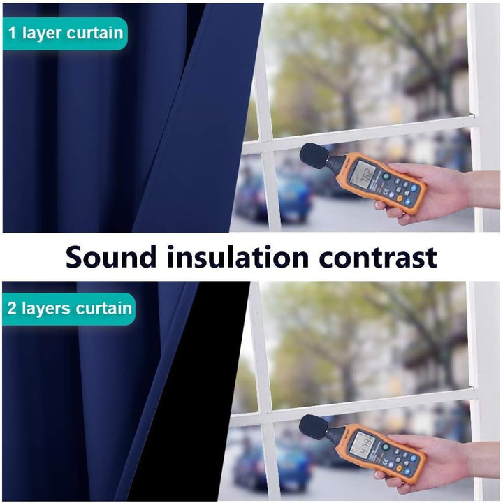 Dark Blue double-layer curtains showing sound insulation construction
