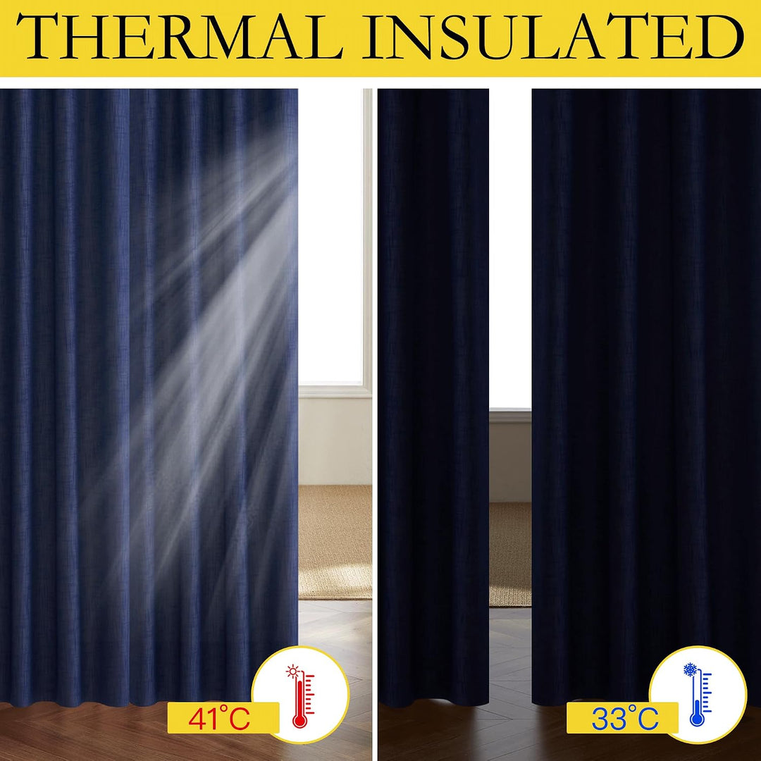 Dark Blue Linen-Look Blackout Curtains with White Liner, 52 x 84 in, 2 Panels - Just Closeouts Canada Inc.