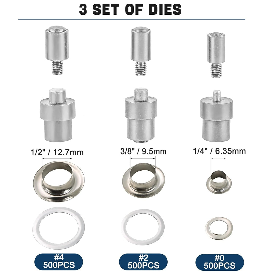DASBET 3 Die Hand Press Grommet Machine | (024) Heavy Duty Industrial Eyelet Grommet Machine Grommets Eyelet Tool Kit with 1500 Grommets Eyelets - Just Closeouts Canada Inc.