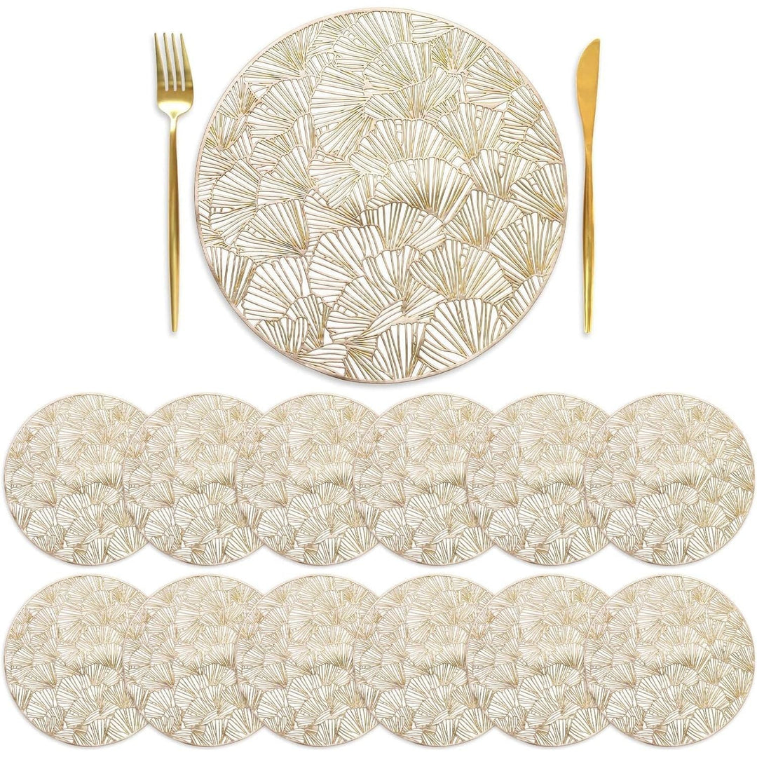 DEAYOU Set of 12 Round Pressed Vinyl Placemats, Gold Wedding Accent Centerpiece Placemat, Non - Slip Placemats for Dining Table, Kitchen, Decor, 15", Washable, Wipeable, Hollow Ginkgo Biloba Design - Just Closeouts Canada Inc.