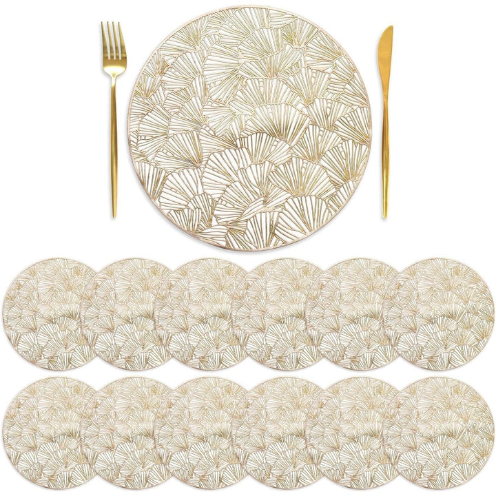 DEAYOU Set of 12 Round Pressed Vinyl Placemats, Gold Wedding Accent Centerpiece Placemat, Non - Slip Placemats for Dining Table, Kitchen, Decor, 15", Washable, Wipeable, Hollow Ginkgo Biloba Design - Just Closeouts Canada Inc.